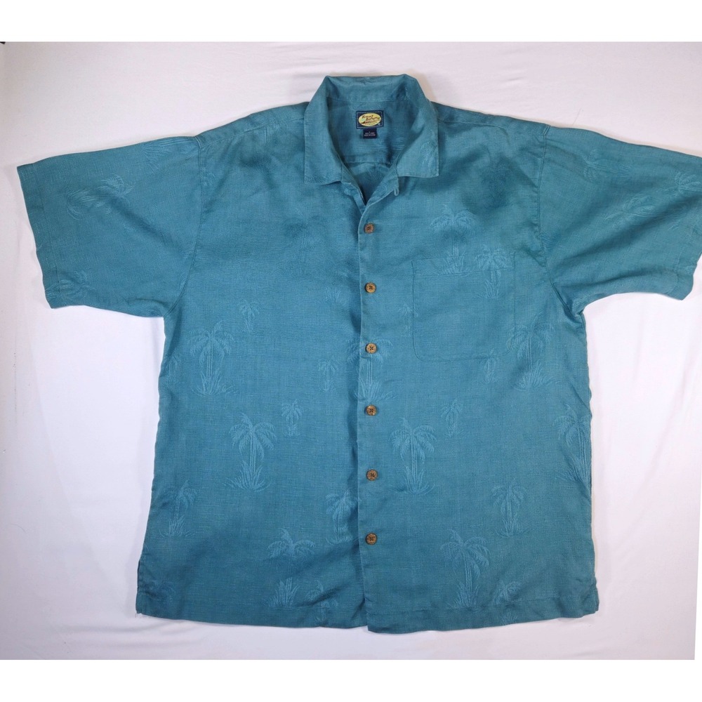 Tommy Bahama Mens Large Teal Blue 100% Linen Jacquard Palm Tree Camp Shirt L